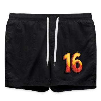 16 Zahl Comic - Badeshorts - Schwarz - Vorne - AI Model Male 185 light (185cm)