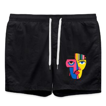 Bold and Colorful Abstract Face Art Design - Swim Trunks - black - Front - AI Model Male 185 light (185cm)