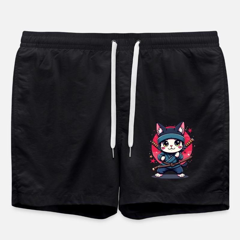 Japanese Kawaii Ninja Cat - Swim Trunks - black