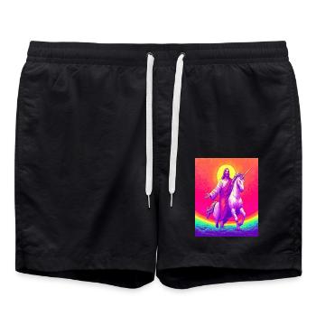 Jesus reitet Einhorn – Regenbogen Fantasy Kunstdesign - Badeshorts - Schwarz - Vorne - AI Model Male 185 light (185cm)