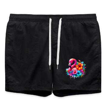 Flamingo verziert mit Hibiskusblüten - Badeshorts - Schwarz - Vorne - AI Model Male 185 light (185cm)