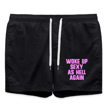 Woke up sexy as hell again – Funny, s - Swim Trunks - black - Front - AI Model Male 185 light (185cm)