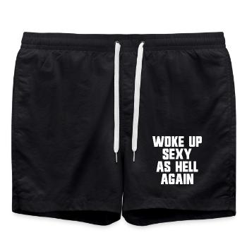 Woke up sexy as hell again – Funny, s - Swim Trunks - black - Front - AI Model Male 185 light (185cm)