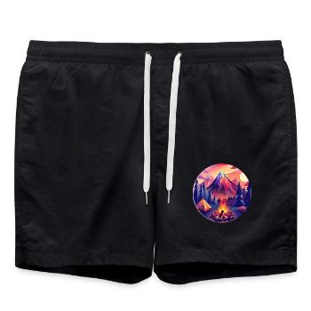 Retro Camping Design – Low Poly Zelt & Lagerfeuer - Badeshorts - Schwarz - Vorne - AI Model Male 185 light (185cm)