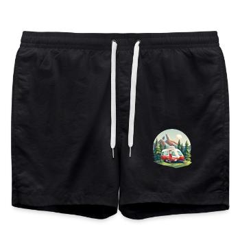 Oldschool Camping – Modern in a Low Poly Look - Swim Trunks - black - Front - AI Model Male 185 light (185cm)