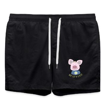 Schwein "Hab' ich 'n Glück" Illustration Kinder - Badeshorts - Schwarz - Vorne - AI Model Male 185 light (185cm)