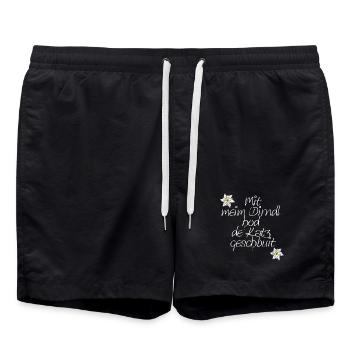 dialektsprüche frau, Dirndlspruch, „Mit meim Dirnd - Badeshorts - Schwarz - Vorne - AI Model Male 185 light (185cm)