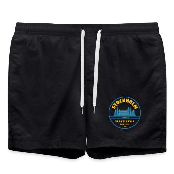 Stockholm Skyline Badge Blue Yellow - Swim Trunks - black - Front - AI Model Male 185 light (185cm)