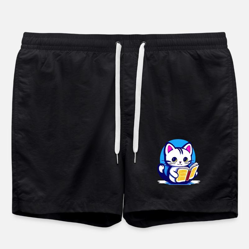 Cat reads a book - Swim Trunks - black