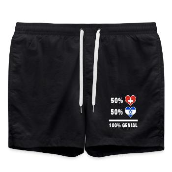 Israel und Schweiz 100% Genial Flagge - Badeshorts - Schwarz - Vorne - AI Model Male 185 light (185cm)