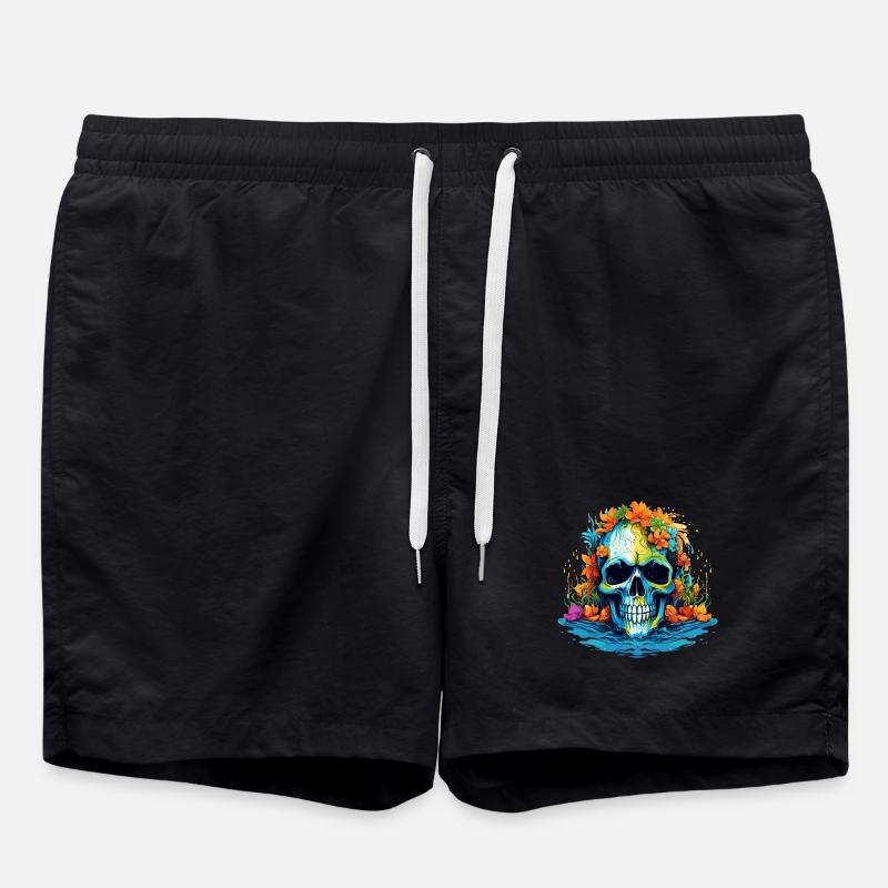 Tropischer Blüten-Totenkopf - Badeshorts - Schwarz