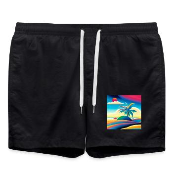 Beach sunset in 80s style - Swim Trunks - black - Front - AI Model Male 185 light (185cm)