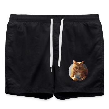 Illustration de Chat avec sa tasse de café - Short de bain - noir - Devant - AI Model Male 185 light (185cm)