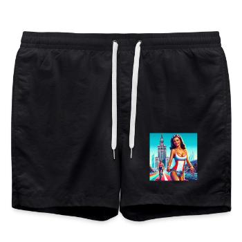 Warschau - Retro-Mädchen, das im klassischen Stil der 80er Jahre Rad fährt - Badeshorts - Schwarz - Vorne - AI Model Male 185 light (185cm)