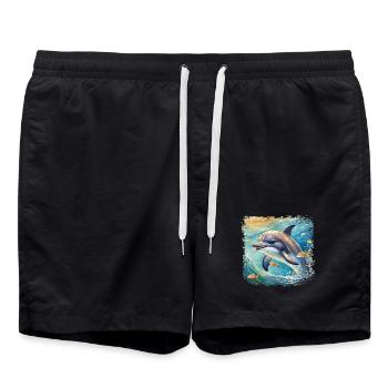 Cute young dolphin in children's book style - Swim Trunks - black - Front - AI Model Male 185 light (185cm)
