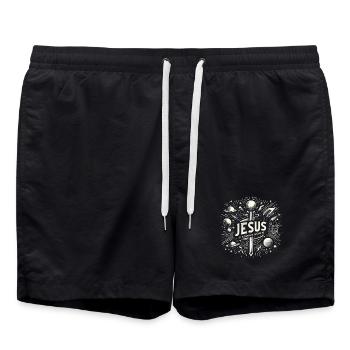 Jesus Kommt Bald – Kosmische Vision - Badeshorts - Schwarz - Vorne - AI Model Male 185 light (185cm)