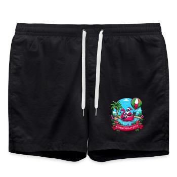 Feiern Sie Weihnachten im Juli mit dem Weihnachtsmann und dem Flamingo! - Badeshorts - Schwarz - Vorne - AI Model Male 185 light (185cm)