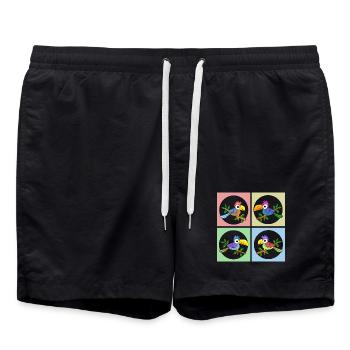 Colorful parrots in color animation - Swim Trunks - black - Front - AI Model Male 185 light (185cm)