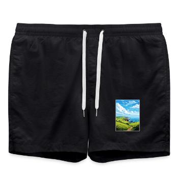 South Devon Aonb Travel Poster Souvenir Paint WPA - Swim Trunks - black - Front - AI Model Male 185 light (185cm)