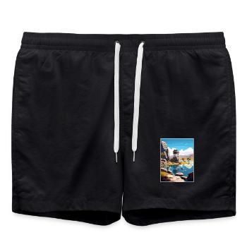 Hampi India Travel Poster Souvenir Postcard Paint - Swim Trunks - black - Front - AI Model Male 185 light (185cm)