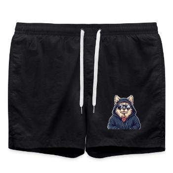 Corgi in a hoodie with sunglasses - Swim Trunks - black - Front - AI Model Male 185 light (185cm)
