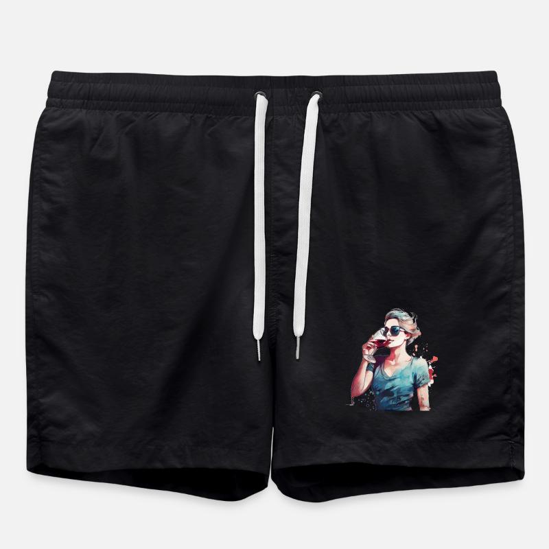 Woman drinking red wine - Swim Trunks - black