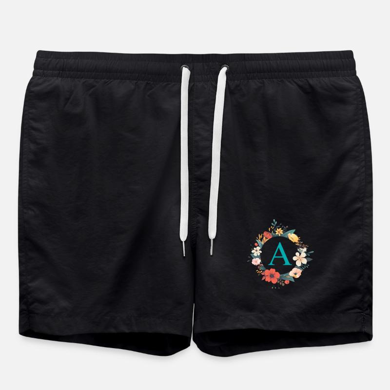 A Monogramm, Blumen-Kranz, personalisierbar - Badeshorts - Schwarz