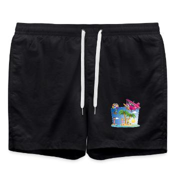 sun, island, airplane, palm trees, hot air balloon - Swim Trunks - black - Front - AI Model Male 185 light (185cm)