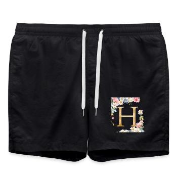 H Monogram, Floral, Personalizable - Swim Trunks - black - Front - AI Model Male 185 light (185cm)