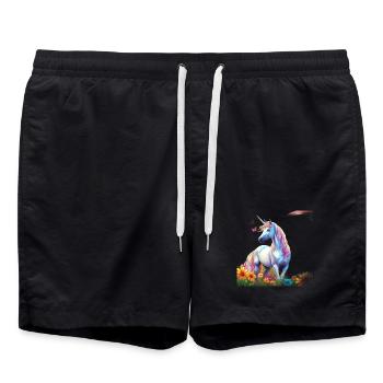 Heavenly Unicorn in the Field of Flowers with Schmetterlin - Swim Trunks - black - Front - AI Model Male 185 light (185cm)
