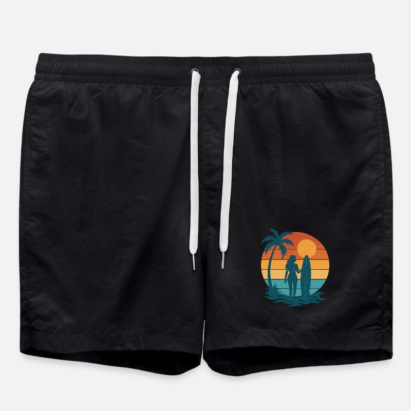 Sunset on the beach with surfer - Swim Trunks - black