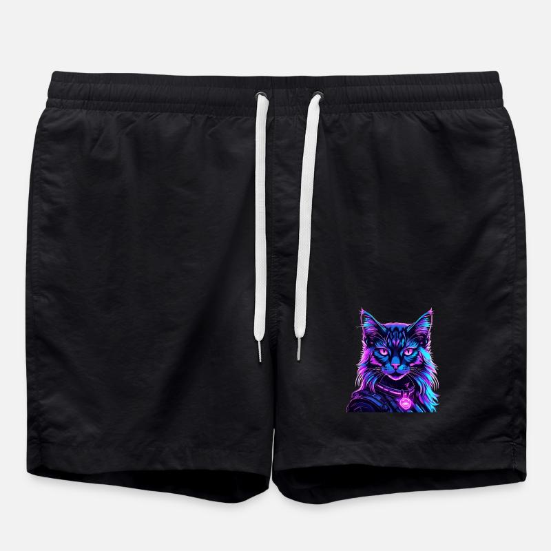 Neon Space Cat Cat Portrait - Swim Trunks - black