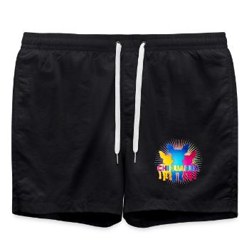 Bunte Chihuahua Silhouetten mit Pop-Art Schriftzug - Badeshorts - Schwarz - Vorne - AI Model Male 185 light (185cm)