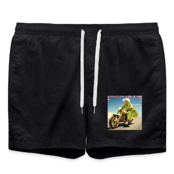 Grandma on a motorcycle in the desert sand Joie de vivre Age - Swim Trunks - black - Front - AI Model Male 185 light (185cm)