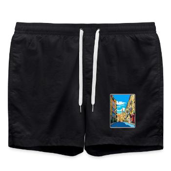 Bilbao Spain Vivid City Street Scene Travel Poster - Swim Trunks - black - Front - AI Model Male 185 light (185cm)