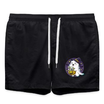 Whimsical Halloween Ghost with Candy Basket - Swim Trunks - black - Front - AI Model Male 185 light (185cm)