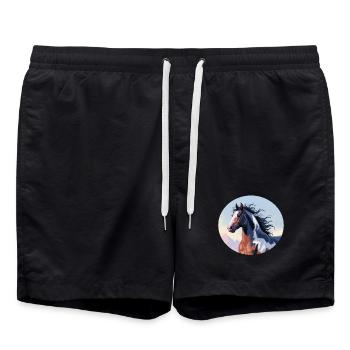 Tinker Hengst im Galopp in Berglandschaft - Badeshorts - Schwarz - Vorne - AI Model Male 185 light (185cm)