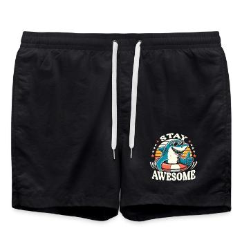 Stay Awesome Shark Cartoon Summer Motif - Swim Trunks - black - Front - AI Model Male 185 light (185cm)