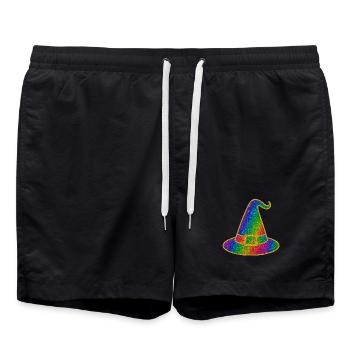 Hexenhut Halloween | Regenbogen Zauberhut Glitzer - Badeshorts - Schwarz - Vorne - AI Model Male 185 light (185cm)