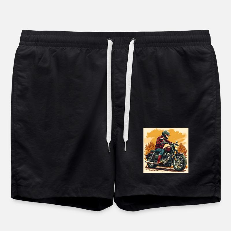 Plaid Socks + Biker Illustration - Swim Trunks - black