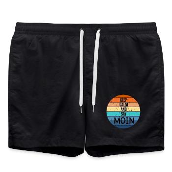 "Keep Calm and Say MOIN" – Retro Sunset - Swim Trunks - black - Front - AI Model Male 185 light (185cm)
