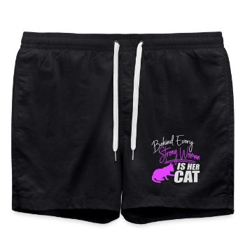 Behind Every Strong Woman Is Her Cat Spruch Katze - Badeshorts - Schwarz - Vorne - AI Model Male 185 light (185cm)