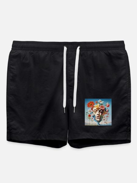 Floral Mask Portrait Surreal - Swim Trunks - black