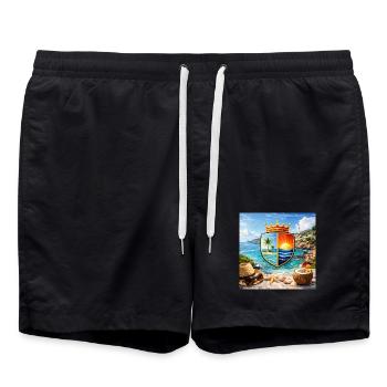 Coastal Coat of Arms Tropical Shield - Swim Trunks - black - Front - AI Model Male 185 light (185cm)