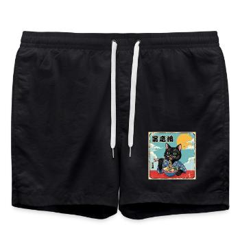 Kawaii Cat Eating Ramen Noodles Katze - Swim Trunks - black - Front - AI Model Male 185 light (185cm)