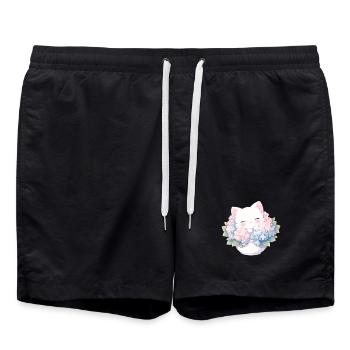 Chat blanc mignon dans les hortensias – Kawaii Design - Short de bain - noir - Devant - AI Model Male 185 light (185cm)