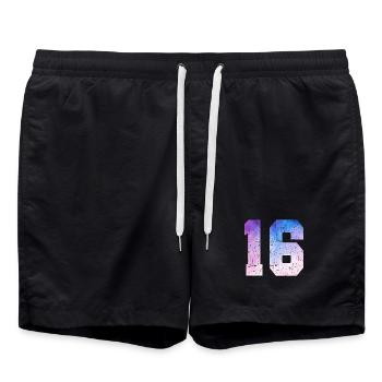 Ausgabe 16 – 16. Jubiläumsgeschenk - Badeshorts - Schwarz - Vorne - AI Model Male 185 light (185cm)