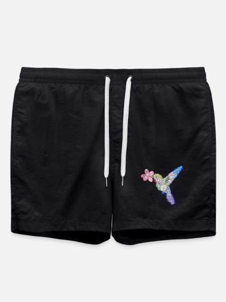 Zentangle Hummingbird with Flower - Swim Trunks - black