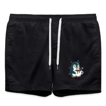 Koffein-Pinguin: Eiskalt & Hochgefahren - Swim Trunks - black - Front - AI Model Male 185 light (185cm)