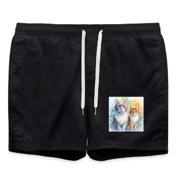 Watercolor Duo Cats Portrait - Swim Trunks - black - Front - AI Model Male 185 light (185cm)